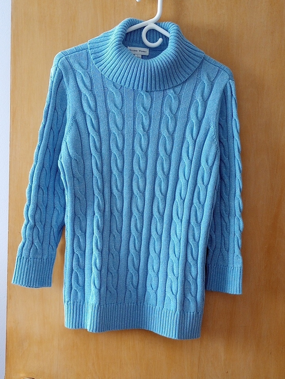 Studio Works Sky Blue Cable Knit Turtleneck Sweater